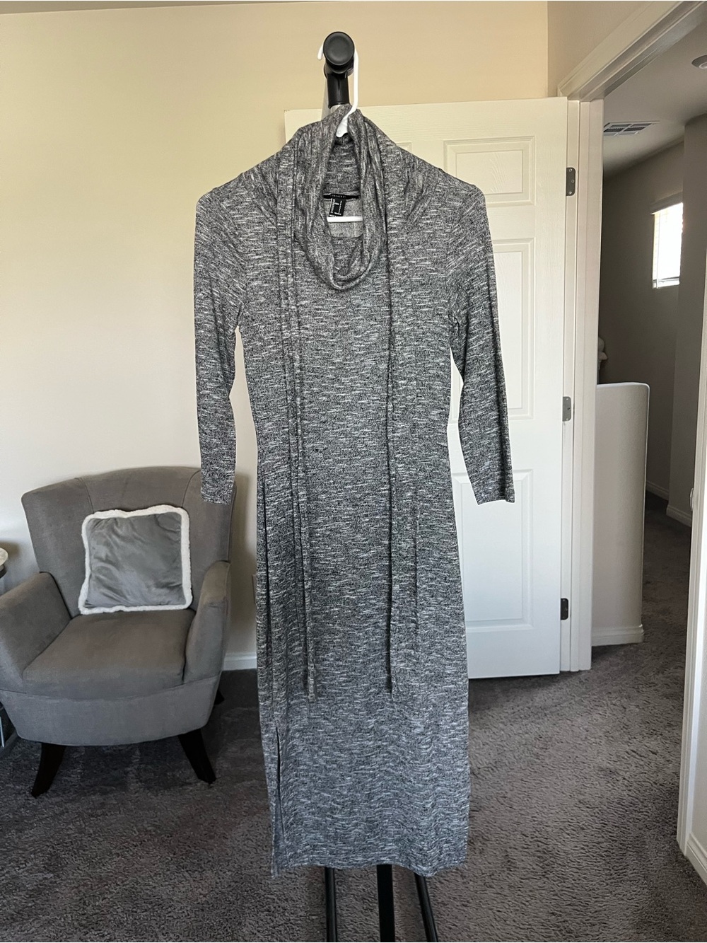 Gray Cowl Neck Long Sleeve Dress
